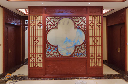 江北会所室内装修中式仿古实木屏风隔断展示