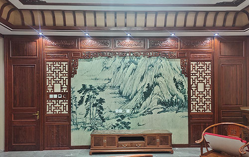 江北中式仿古别墅客厅背景墙花格木作装饰